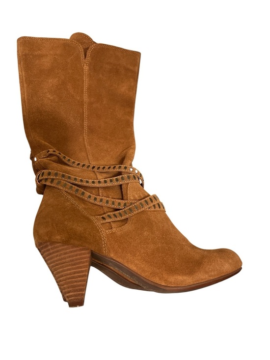Express Shoes - Express Tan Suede Mid-Calf Heeled Boot with Wrap Detail